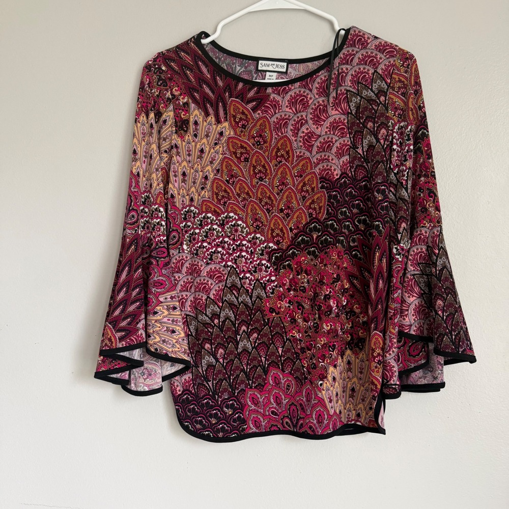 Sam and Jess Pink Purple Paisley‎ Bell Sleeve Blouse Top Petite Medium MP